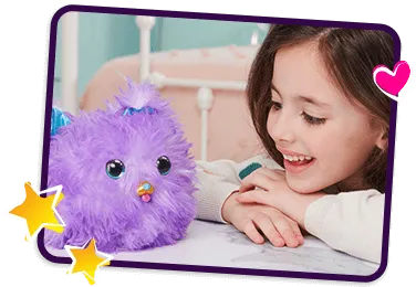 A child smiling a their purple puppy Fur Fluff.
