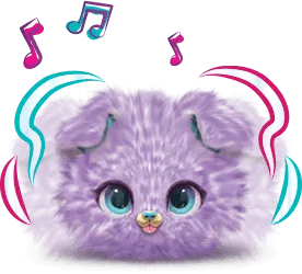 A graphic of a purple Fur Fluff dancing, surrounded by pink and teal music notes and wiggly movement lines.