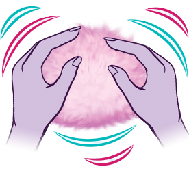 A graphic of two hands holding a pink Fur Fluff which has not yet transformed into a Pet. There are pink and teal movement lines surrounding the Fur Fluff.