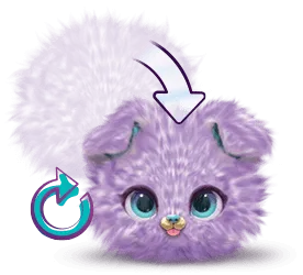 A graphic of a purple Fur Fluff. There is a teal circular arrow to the left, and a curved arrow at the top, to show that the Fur Fluff can roll forward.