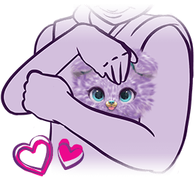 A graphic of a child cuddling a purple Fur Fluff. There are two pink hearts in the bottom left corner.