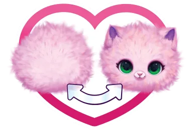 A graphic showing the before and after of the surprise pet reveal. There is a heart background with a double-sided arrow in the centre. On the left side is a pink Fur Fluff with no face, and on the right side is the pink Fur Fluff with a kitten face.